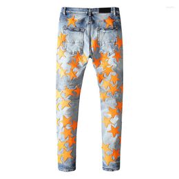 Pantalones vaqueros para hombre MAIGOLO calidad estrellas parche para hombres/mujeres 2023 High Street Paisley pantalones vaqueros rotos Slim Stretch motocicleta