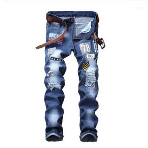 Jeans homme drapeau américain patchs Design bleu Denim trous déchiré en détresse mince pantalon droit pantalon1