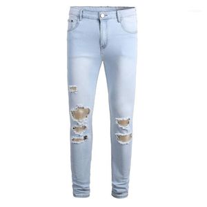 Heren jeans mannelijke casual trend broek wassen mannen gescheurd stretch gecoat licht kleur multi-holes voeten slim fit hommes cowboy broek1