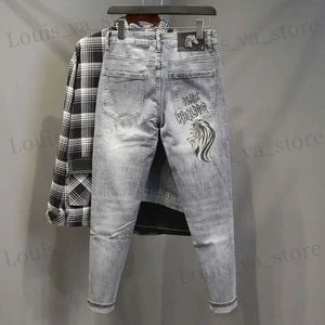 Jeans masculins pantalon de cowboy masculin gris avec des strass imprimés pantalon raccourci jean graphique pour hommes lâche y 2k vintage coréen mode hiver xs t240419