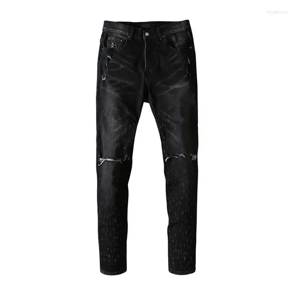 Jeans para hombres Moda masculina Negro Hecho Viejo Copo de nieve Cuchillo Corte Agujero Estiramiento Slim Hombres y mujeres High Street Denim Pantalones para