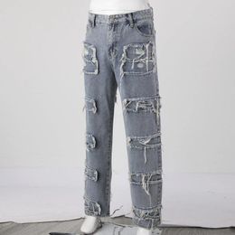 Jeans da uomo Pantaloni lunghi autunnali da uomo Pantaloni slim fit da uomo a tubo dritto Pantaloni in denim hip-hop retrò Patchwork Trassel Street