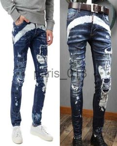 Jeans pour hommes Jeans pour hommes Bleu Graffiti Patineur en détresse Lavage scintillant Coupe skinny Effet usé Pantalon en denim Man267h2009794 x0909