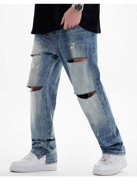 Jean homme pantalon jambe processus de coupe cylindre droit facile polyvalent personnalité tendance Hip Hop bleu voyage déchiré pantalon Long