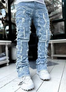 Jeans masculin jeans empilé jeans élastique taille straight fit patchworks denim long jeans frangés rippés pour hommes T240515