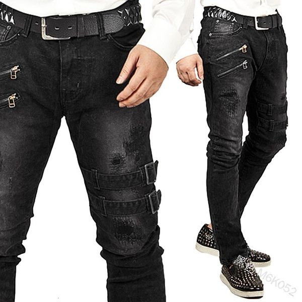 Jeans pour hommes Mandylandy Punk Vintage Hommes Skinny Denim Pantalon Taille Basse Multi Zipper Rock Roll Crayon avec Ceinture Pantalon Long 230113