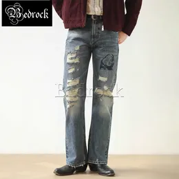 Jeans para hombres MBBCAR Mens 14.4oz Dibujado a mano Pantalones de fondo de campana desgastados DIY Bootcut Pantalones Lavado Bigotes Selvedge Denim Flared