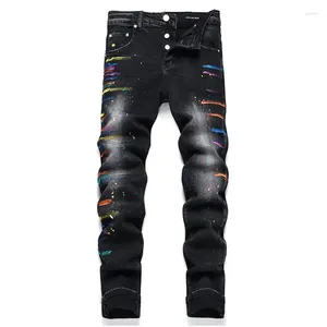 Jeans pour hommes Mcikkny Hommes Hip Hop Ripped Pantalon imprimé Streetwear Pantalon en denim noir Slim Fit
