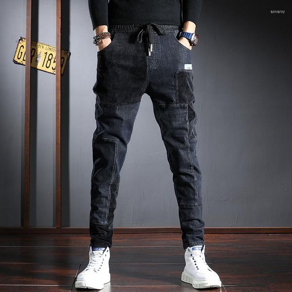 Jeans pour hommes hommes automne velours côtelé mode Patchwork Denim pantalon Style coréen taille élastique coupe régulière pantalon