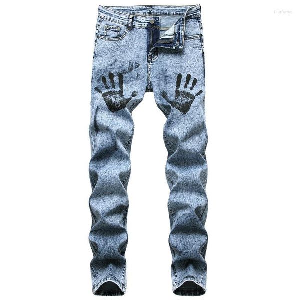 Jeans pour hommes hommes bleu maigre printemps automne palmier imprimé Denim Cowboy pantalons pantalons hommes coton décontracté Long pantalon taille 29-42