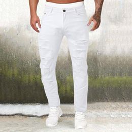 Jeans pour hommes Casual Hip Hop Sports Blanc High Stretch Tight Wash Polished Ripped Fit Zipper Jean Pants