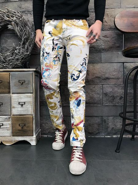 Jeans pour hommes hommes décontracté printemps été fleur imprimé bar club mode pantalon dessin coloré mince élastique coton denim pantalon