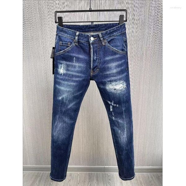 Hommes Jeans hommes décontracté à la mode lettre impression MotoBiker trou peinture en aérosol mode haute rue Denim tissu pantalon 9885 #