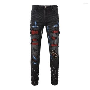 Jeans pour hommes Crystal Stretch Denim Skinny Trous peints Ripped Pantalon effilé Streetwear Patchwork Pantalon noir