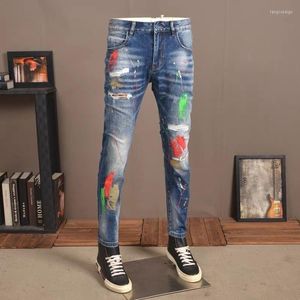 Heren jeans heren denim trendy gat patch bedrukte gespikkelde inkt gepersonaliseerde slanke broek streetwear heren kleding vreemde dingen