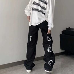 Jeans pour hommes Mode pour hommes Pantalons décontractés rétro American High Street Style Jenas Loose Wide Leg Printing Black Oversized TrousersMen's