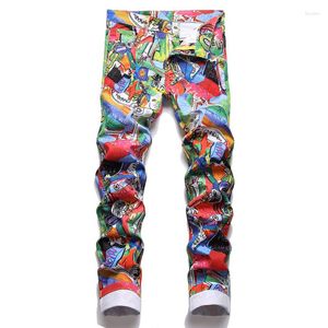 Heren jeans heren graffiti print y2k gekleurde slanke taps toelopende spanning denim broek mode streetwear contrast kleur broek