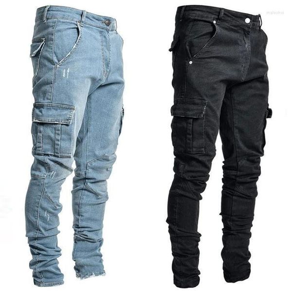 Jeans para hombres Alta calidad 2023 Primavera Verano 70% algodón Hombre Bolsillo lateral Pantalones ajustados Leggings Pantalones negros azules