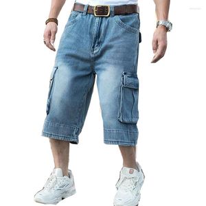 Heren jeans heren hiphop brede poten denim shorts multi-pocket greepte losse vrachtmannen plus maat 44