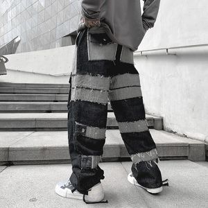 Jeans pour hommes pantalons décontractés classiques amples pour hommes tissu de couture Ins foncé Streetwear Hip-hop droit quatre saisons pantalon noir