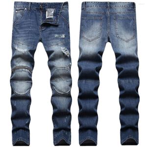 Heren jeans gescheurde wintertrend mode knie rits ritssluitingen denim broek herfst slank fit streetwear broek