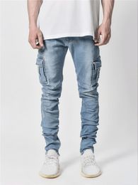 Jeans pour hommes Skinny multi-poches de couleur unie pour l'automne et l'hiver