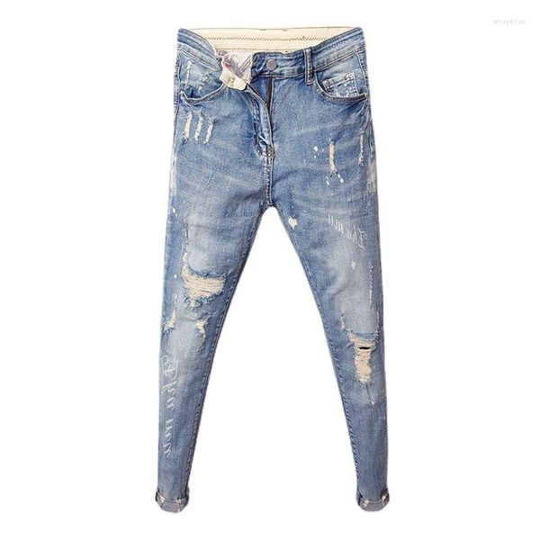 Jeans masculinos primavera verão 2022 coreano magro magro cowboy estudante rasgado lápis calças pantalon homme denim para homens