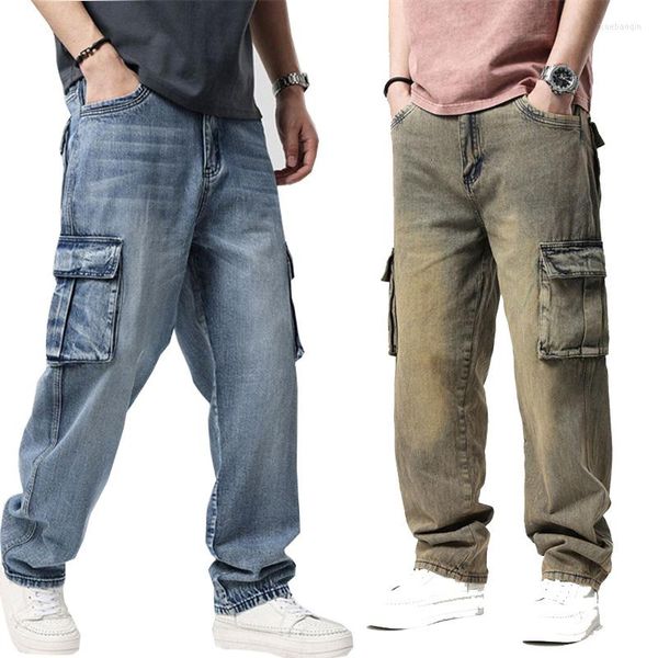 Jeans pour hommes Pantalon cargo en denim droit pour hommes Biker Baggy Loose Blue avec poche latérale Hip Hop Skate