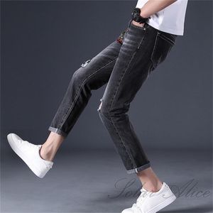 Heren jeans heren stretch slanke gescheurde dierenriem kip geborduurde jeugd mid-rise rechte enkel lengte broeken's