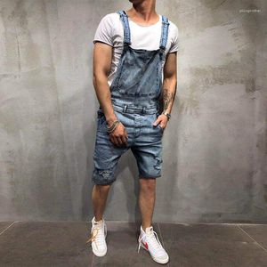 Heren jeans heren Suspender denim jumpsuit modieuze holes shorts shorts overalls knie lengte slabbetjes laadbroek