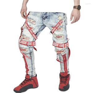 Jeans pour hommes Tendance Patch Webbing Pantalons pour hommes déchirés Small Foot Zipper Slim Vêtements déchirés