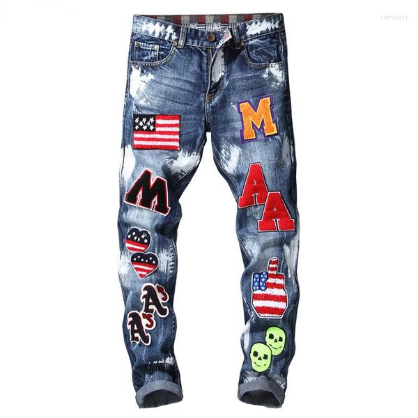 Jeans pour hommes USA Drapeau Patchwork Badge Bleu Denim Slim Fit Lettres Droites Peint Flocage Long Pantalon Pantalon