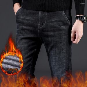 Heren jeans heren winter mannen warme dikke stretch denim fleece jean rechte broek mannelijke katoenen broek heren groot formaat 40 42 44 46