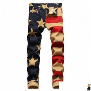 Jeans pour hommes hommes American Flag Print Fi Stripe Stripe Stars Digital Paint Paint Pantalon Denim Slim Stretch Crayer Trafant 29pw Drop Livrot Dh3gr