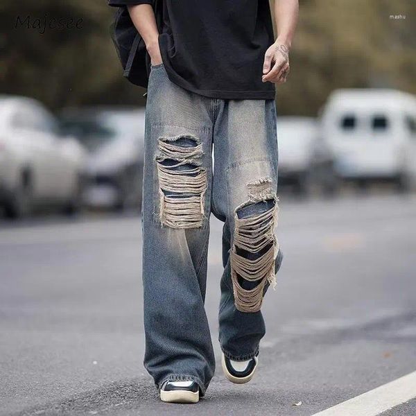 Jeans pour hommes hommes style américain rétro trou denim pantalon lavé lâche été tout-match haute rue pleine longueur chic collège