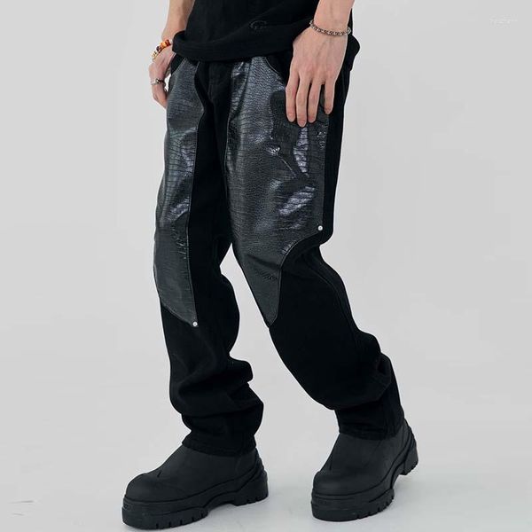 Jeans pour hommes Hommes et femmes Hip Hop Droite Rétro Ripped Baggy Denim Pantalon Printemps PU Cuir Patchwork Poches Pantalons décontractés