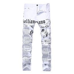 Hommes Automne Hip Hop Denim Jeans Classique Spaper Lettre Imprimé Casual Slim Cowboys Pantalon Homme Jeune Mode Blanc