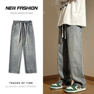 Heren jeans mannen baggy rechte jeans mode Koreaanse streetwear y2k broek elastische taille splicing vintage ontwerp denim broek merk kleding z0225