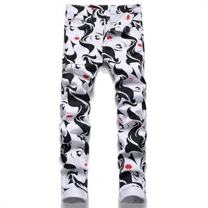 Heren jeans mannen schoonheid digitale print jeans mode rood lip meisje geschilderd stretch denim broek casual slanke rechte witte broek T221102