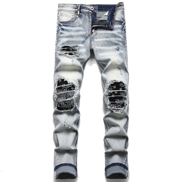 Jeans pour hommes Hommes Biker Jeans Streetwear Paisley Bandana Imprimer Patch Stretch Denim Pantalon Patchwork Trous Déchiré Slim Droit Noir Pantalon 230808