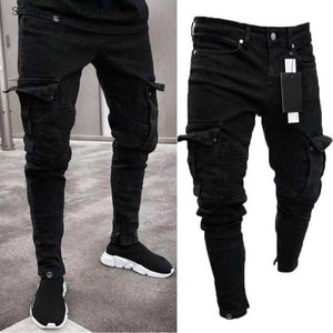 Jeans para hombres Hombres Biker Ripped Pantalones largos de mezclilla Pantalones vaqueros ajustados Pantalones destruidos Elásticos-Pantalones negros L230921