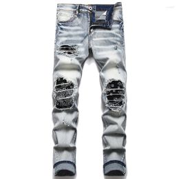 Jeans pour hommes Hommes Biker Streetwear Paisley Bandana Imprimer Patch Stretch Denim Pantalon Patchwork Trous Déchiré Slim Droit Noir Pantalon