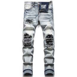 Jeans pour hommes Hommes Biker Streetwear Paisley Bandana Imprimer Patch Stretch Denim Pantalon Patchwork Trous Déchiré Slim Pantalon Noir 230207