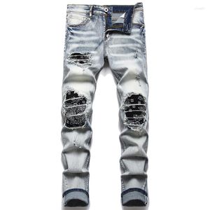 Heren jeans heren fietser streetwear paisley bandana print patch stretch denim broek patchwork holes gescheurd slanke rechte zwarte broek