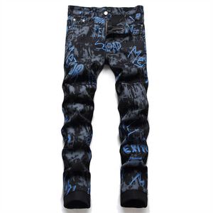 Heren jeans mannen zwarte digitale print jeans mode letters geschilderde dye stretch denim broek slanke magere taps toelopende broeken t221102