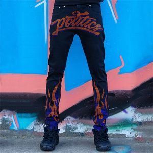 Jeans pour hommes hommes noir jogging taille haute pantalon ajustement élasticité cowboy mode design lettre flamme lavé crayon pantalon 221202