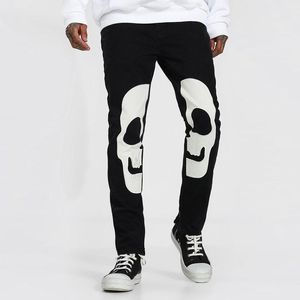 Jeans pour hommes Hommes Noir Moto Pantalon Slim Mince Taille Haute Harajuku Skull Design Imprimé Stretch Crayon Confortable Denim Lavé PantalonMe