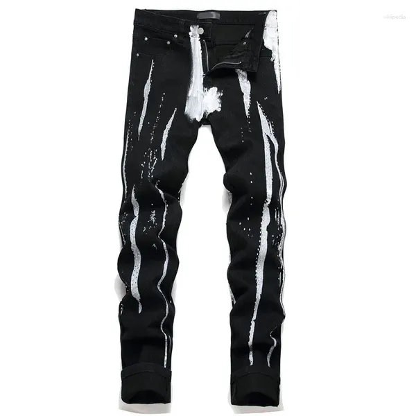 Jeans pour hommes Hommes Black Paint Graffiti Diamond Elastic Skinny Denim Pantalon Hip Hop Jogging