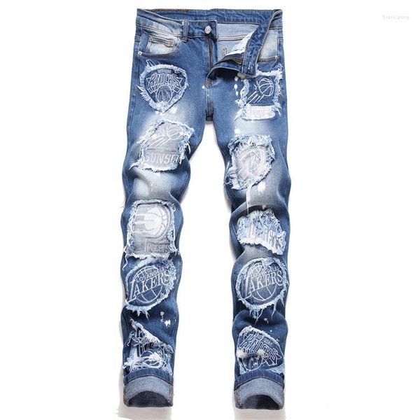 Jeans para hombres Hombres Parche bordado azul Rasgado Elástico Slim Fit Pantalones de mezclilla Hip Hop Pantalones de jogging
