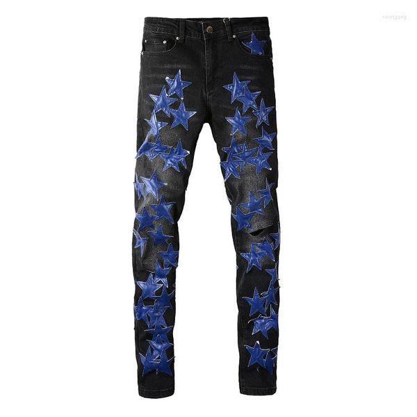 Pantalones vaqueros para hombre, parches de estrella de cuero azul para hombre, ropa de calle de mezclilla elástica, pantalones cónicos ajustados, pantalones negros rasgados con agujeros